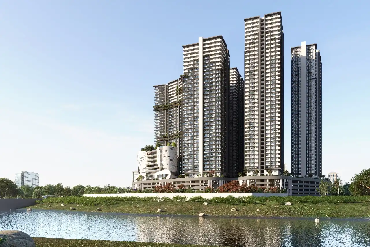 Artist impression of the MoonGlade residential towers beside a water body